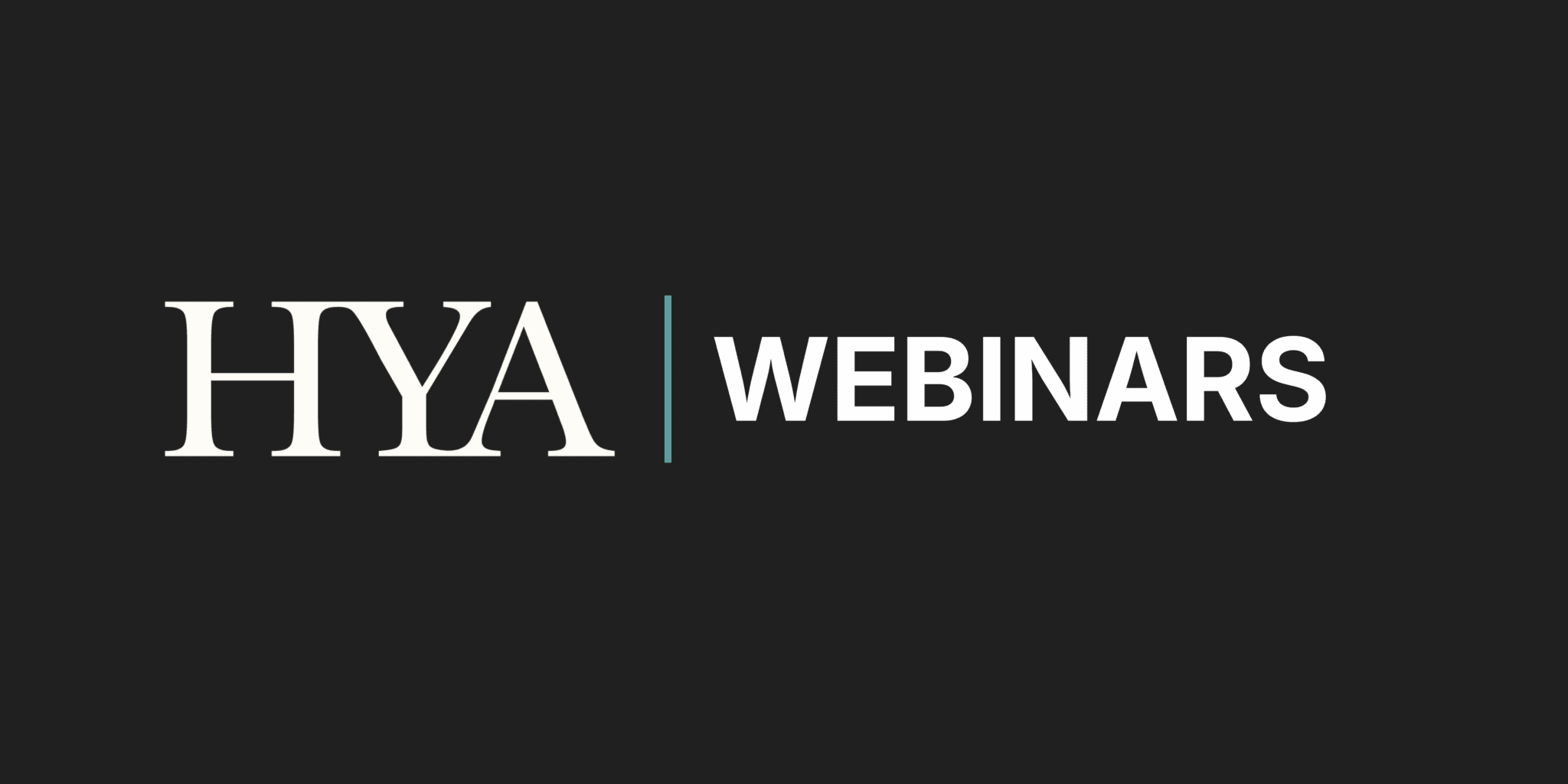 The HYA logo in white in front of a black bacground. The word webinars is to the right of the HYA logo